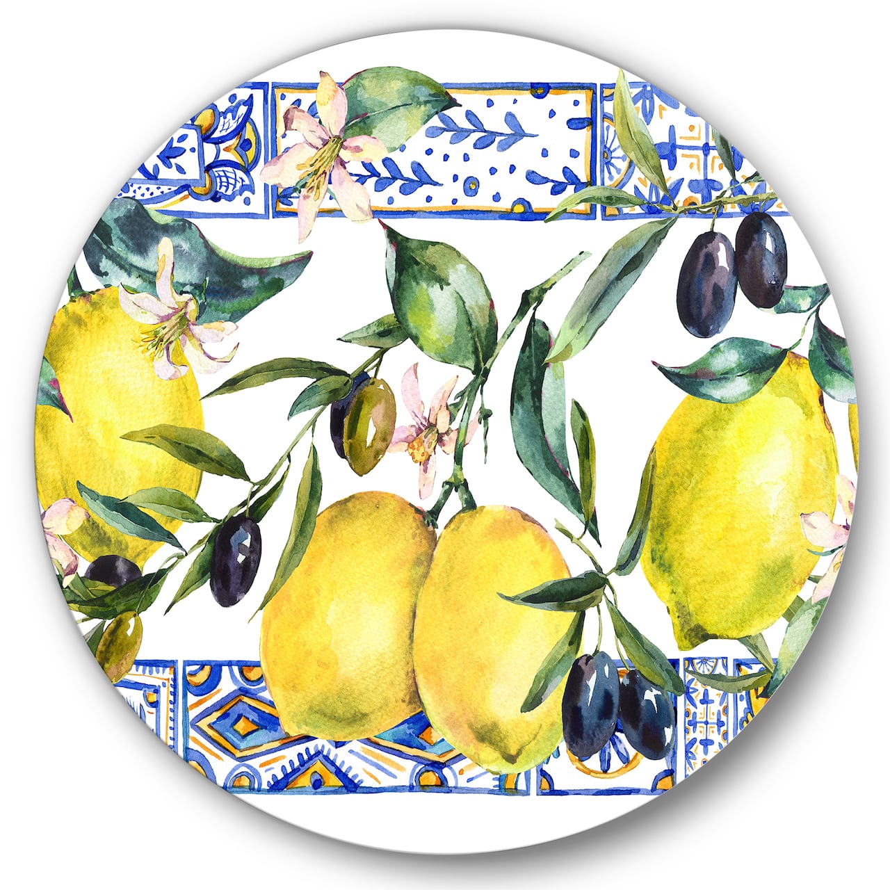 Designart - Lemon Ornament On Blue Geometrical Pattern II - Tropical Metal Circle Wall Art